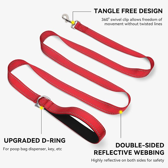 Joytale Reflective Dog Leash for Medium & Large Dogs, 6 FT x 1", Red | Heavy Duty Nylon Webbing, Padded Handle for Comfort, Visible at Night, for Walking & Training