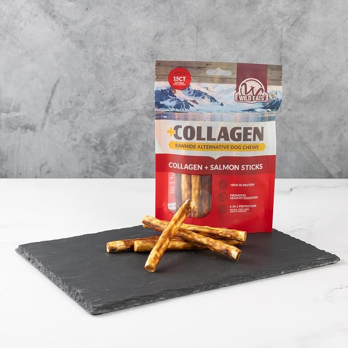 Wild Eats Real Salmon Collagen Bully Sticks for Dogs, (15ct, 1cm Thick) Healthy Bully Stick - Long Lasting Dog Chew Treat