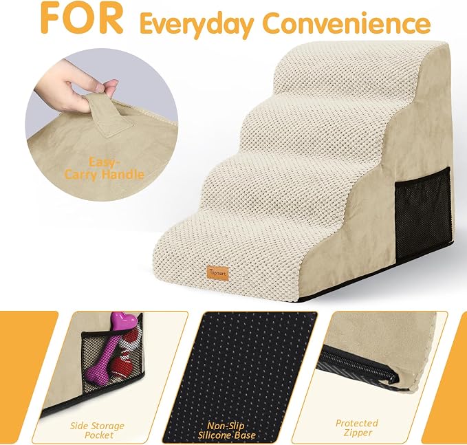 Topmart High Density Foam Dog Stairs 4 Tiers,Extra Wide Deep Pet Steps,Non-Slip Pet Stairs,Dog Ramp for Bed,Best for Older Injured Pets,Cats with Joint Pain