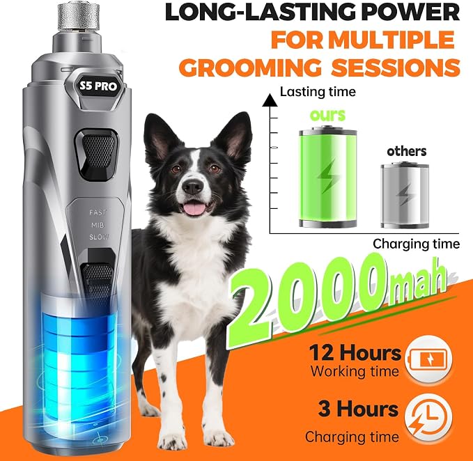 Whisper Quiet Dog Nail Grinder with 4 LED Lights, 3-Speed, Grey