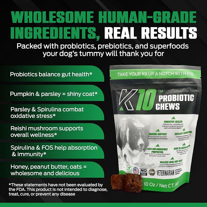 K10 Probiotic Chews for Dogs, Probiotic & Prebiotic Formula, 60 Count