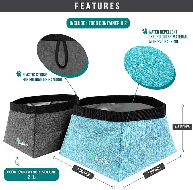 PetAmi Collapsible Dog Travel Bowls, Large, 2 Pack, Sea Blue & Grey