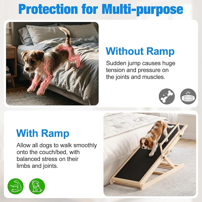 Tresbro Dog Ramp for Bed, 47'' Long 20.3''-27'' Adjustable Height Pet Ramp | 6 Adjustable Height, Anti-Slip & Easy Clean Surface, Capacity Up to 200LBS, Easy to Store & Portable, Guardrails for Safety