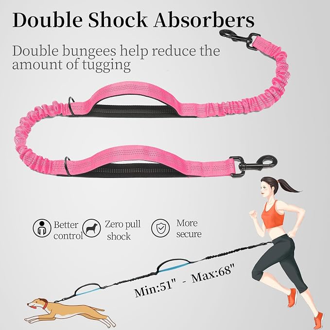 iYoShop Hands Free Dog Leash with Zipper Pouch, Large, 25-120 lbs, Pink | Waist Leash, Dual Padded Handles, Shock-Absorbing Bungee, Adjustable Waist Belt, Walking and Running