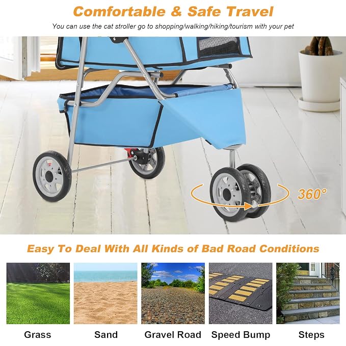 BestPet 3-Wheel Jogger Pet Stroller - Blue, Cup Holder & Removable Liner