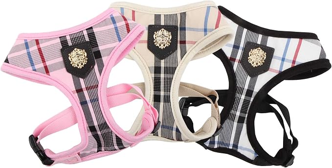 Puppia Junior Over-The-Head Dog Harness Checkered Pattern No Choke No Pull Adjustable Chest Belt Walking Training for Small and Medium Dog, Pink, X-Large