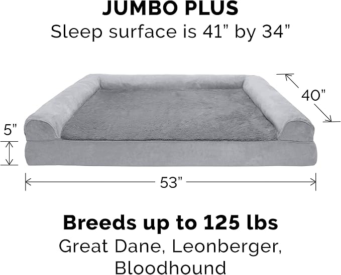Furhaven Orthopedic Plush &amp; Suede Sofa Dog Bed - Jumbo Plus/XXL (up to 125 lbs), Gray