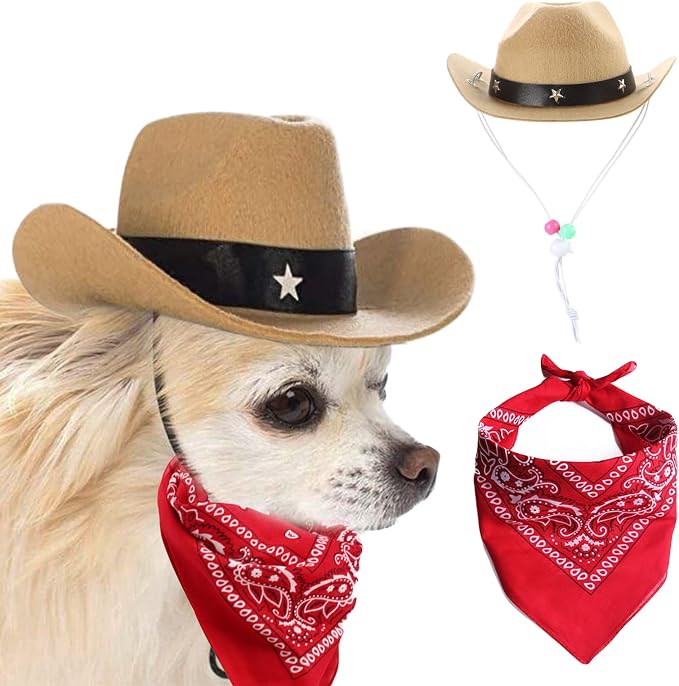 Dog Cowboy Hat and Bandana Scarf Dog Cat Sombrero Puppy Hat Dog Cat Costume, zzzz-s, Khaki