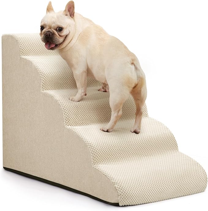 Aodisman Dog Stairs for Bed 22.4”H,5-Step Dog Ramp for Small Dogs & Cats,Pet Steps for Dogs to get on High Bed, Indoor Anti-Slip Pet Stairs for Old Cats and Puppy,Beige