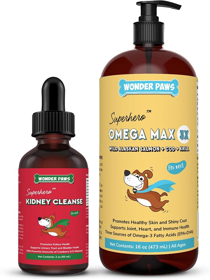 WONDER PAWS Kidney Cleanse Drops Plus Omega Max Fish Oil - for Dog's Skin and Joint Care, Kidney Health & Immune Support – Kidney Cleanse 2 Ounces - Omega Max 16 Ounces