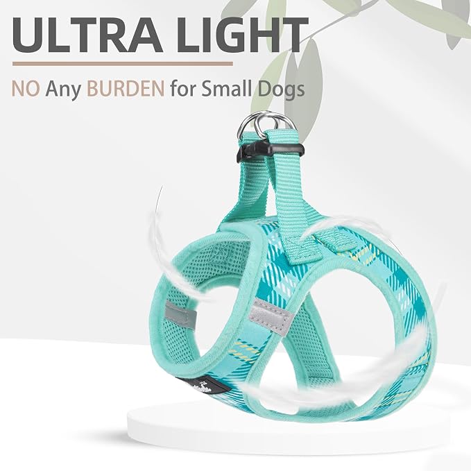 PUPTECK Dog Harness and Leash Set for Small Medium Dogs No Pull Step-in Soft Mesh Puppy Cat Vest Harnesses Reflective at Night, Plaid Pattern Green XS