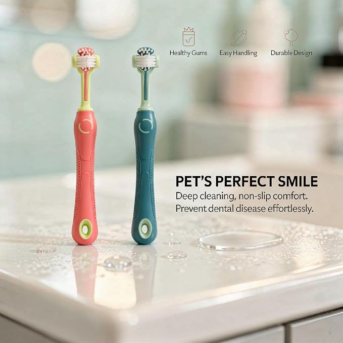 2 Pcs Dog Toothbrush Set, Cat Toothbrush with Three-Sided Bristles, Deep Cleaning Pet Toothbrush, ABS and TPR Material, Non-Slip Handle, Pink and Green