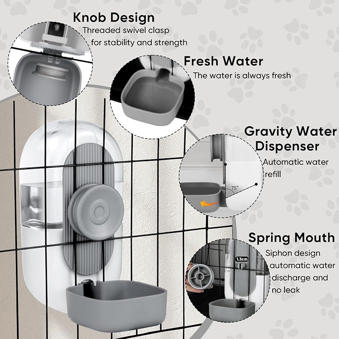 Lemtrflo 28oz Hanging Automatic Water Dispenser，Rabbit Water Bottle,Bunny Guinea Pig Ferret Water Bowl for Cage,Suitable for Small Animal Puppies(Cage Grid Spacing Over 1.2'') (Gray)