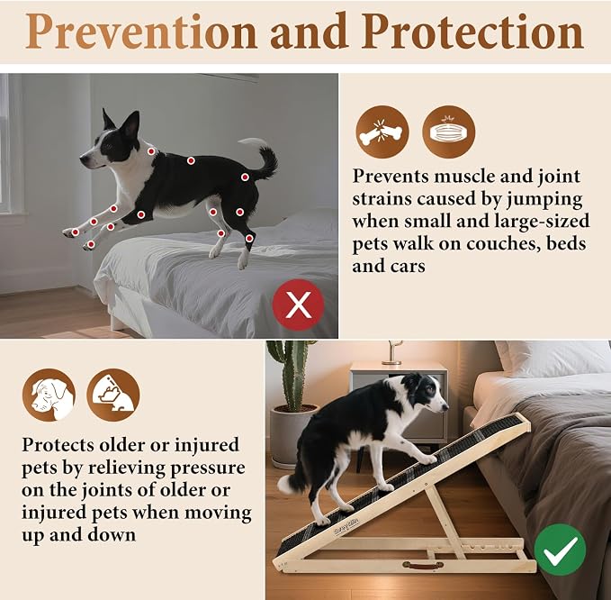 Dog Ramp for Bed - 53.3" Long Foldable Pet Ramp for Small Large Dogs - Dog Ramps for High Beds Couch Car/SUV - Pet Stairs High Traction with Platform 7 Adjustable Heights 17" to 30" Up to 200LBS, Wood