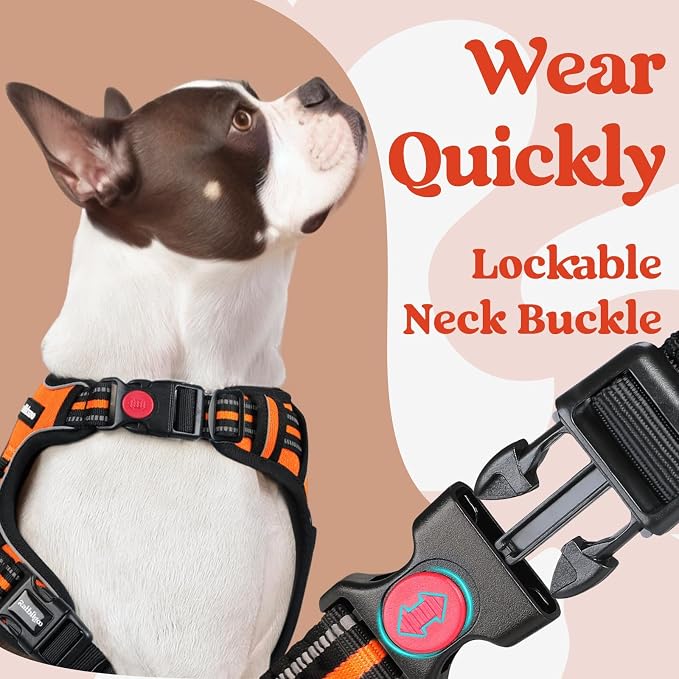 rabbitgoo Dog Harness Medium Sized, Updated Easy On & Off with 3 Buckles | No Pull No Choke, Walking with 2 Clips and Handle, Adjustable Soft Reflective, Orange, Medium