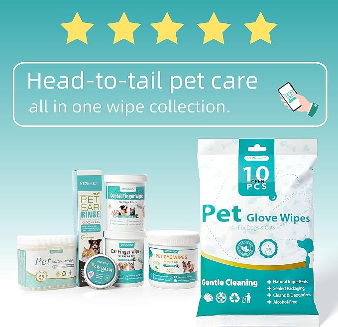 MEDUWEDU Ear Cleaner Finger Wipes 120 Counts, Dog Ear Cleaner, Grooming Kit Care for Dogs and Cats, Soft & Easy Otic Cleaning Pads, Remove Wax, Dirt & Stop Smelly, Itchy, Non-Irritating, Unscented