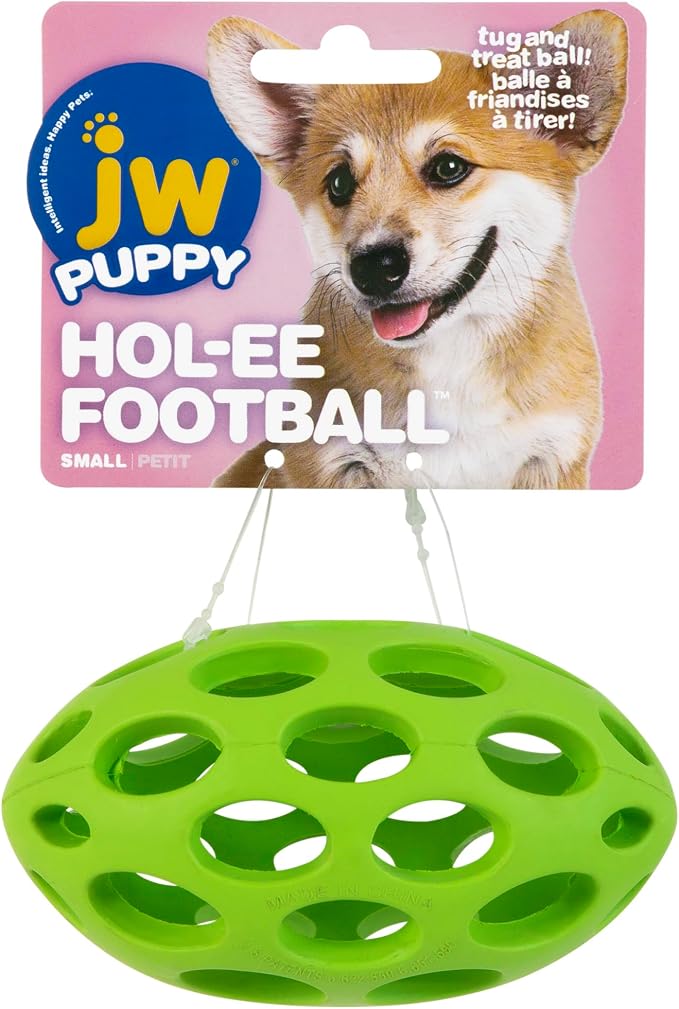 JW Pet HOL-ee Football Dog Toy Puzzle Ball, Natural Rubber, Small | 5 In Length, Colors May Vary