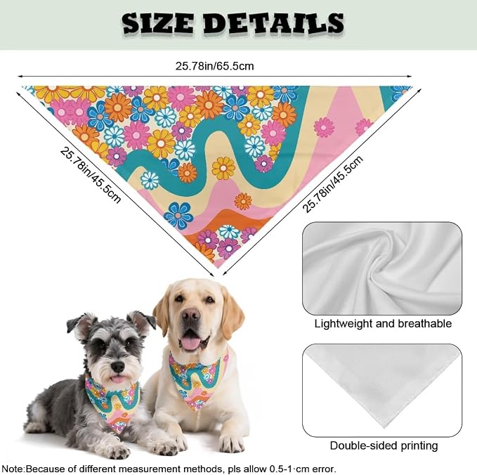Forchrinse Hippie Flower Dog Bandanas Triangle Dog Bib Scarf Washable Pet Bandana Dog Kerchief, One Size, 1-Pack, Polyester, Hippie Floral Printed