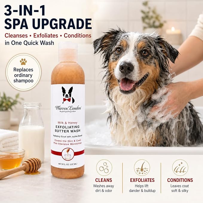Warren London Exfoliating Butter Wash Dog Shampoo – Milk & Honey, 8 oz | Cleansing, Conditioning & Exfoliating Shampoo with Jojoba Beads for Dry Skin, Flakes, Soft Coat & Shine | Made in USA