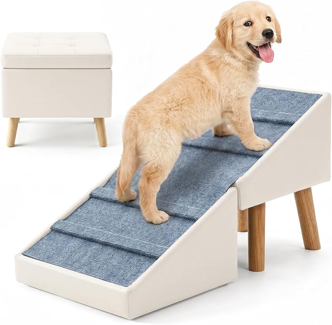 Dog Ramp for Small Dogs, 15.7" H 3-in-1 18.5" Extra Wide Foldable Ottoman & Hidden Storage Design Dog Stairs for Couch Sofa, Non-Slip Pet Steps for Puppy Senior Injured Dogs (White)
