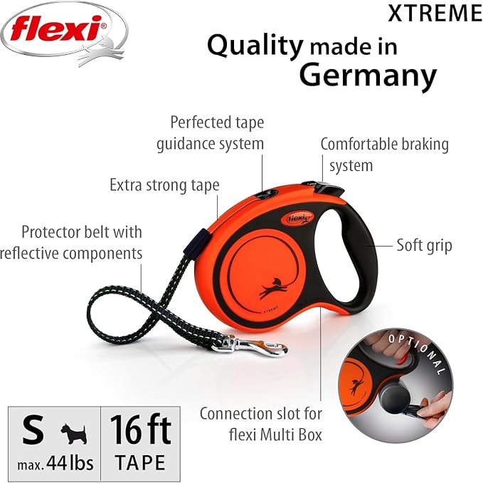 FLEXI® Xtreme Tape Retractable Dog Leash, Small, 16 ft - Orange/Black | German engineered, original flexi leash, durable quality for dogs up to 44 lbs, tangle-free, walking, reliable brake system