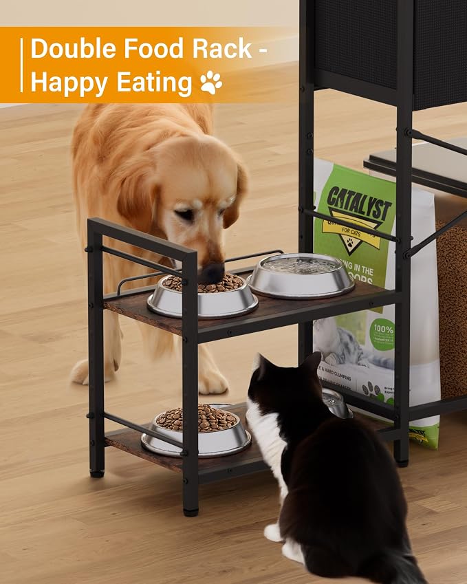 Elevated Dog Bowls,8 Heights Adjustable Dog Storage Organizer Shelves with Toy Double Drawer, Pet Food Station Cabinet for Medium Large Dogs,Elevated Dogs Bowls with Storages, Rustic Wood Brown