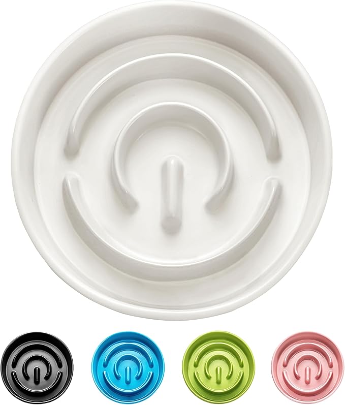 Ceramic Slow Feeder Dog Bowls, 2.0 Cups Slow Feeder for Medium Dogs, Puzzle Maze Bowl to Slow Down Eating, 30oz, 8in, White