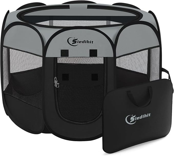 Siedihit Dark Grey Puppy Playpen for Large Dog Cat, Dogs Tent Crates Cage Indoor/Outdoor, Portable Pop Up Dog Kennel with Carrying Bag for Rabbits, (Dark Grey, Large)