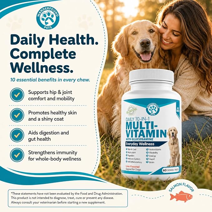 Wanderfound Pets 10-in-1 Dog Multivitamin, Chewable Dog Vitamins with Glucosamine, D3, and MSM, Dog Health Supplies for Immune System and Joint Health, Liver Flavor, 60 Tablets