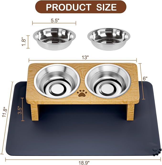 Elevated Cat Bowls, 15° Tilted Raised Cat Food Bowl with Solid Wood Stand & Stainless Steel Dishes, Cat Feeding Station with Silicone Mat, Helps Reduce Vomiting for Cats & Small Dogs(Natural)