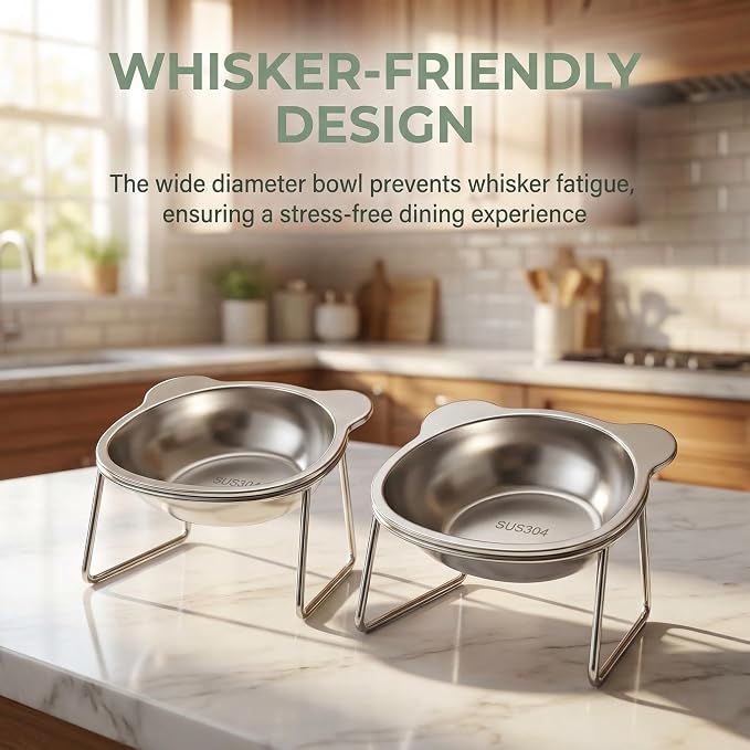 Sterling Whiskers Orthopedic Feeding Bowl, 2 Pack Raised Cat Bowls, 15° Tilted Stainless Steel Elevated Dishes for Small Cats & Dogs, Anti Vomit, Whisker & Spine Friendly