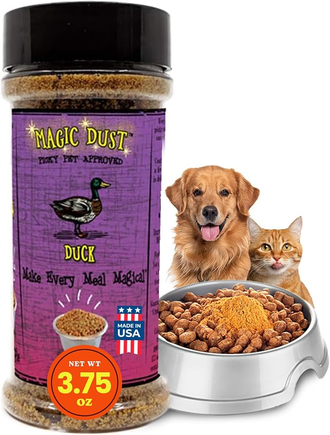 Magic Dust Duck Jerky Topper, Single Protein Pet Food Topper for Dogs & Cats, Enhance Flavor & Elevate Mealtime Excitement for Picky Eaters - 3.5 Ounce Bottle in Duck Flavor