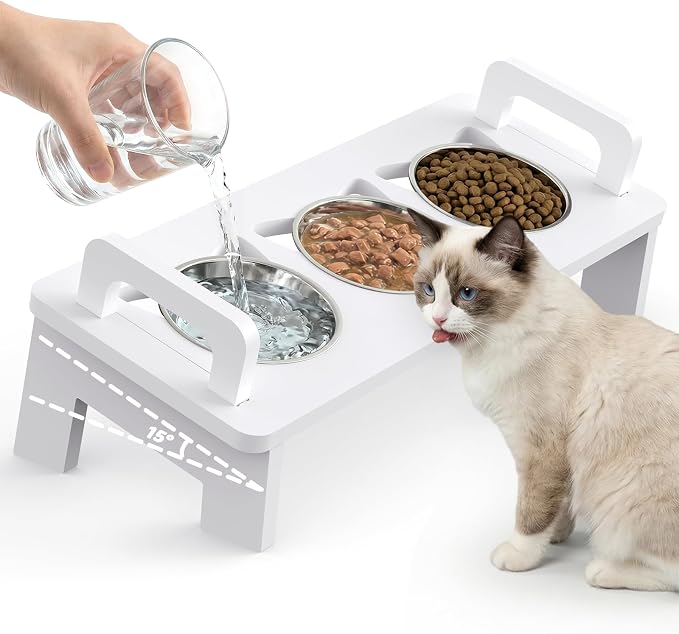 Bamboo Elevated Cat Bowls, 3 Stainless Steel Raised Cat Bowl with Stand, 15°Tilted Cat Feeding Station, Cat Food and Water Bowl Set for Small Cats, Anti Vomitting, Whisker Fatigue (Natural) (White)