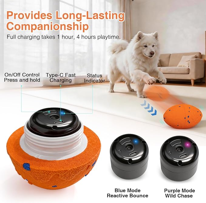Interactive Dog Toys Ball Automatic Active Rolling Ball for All Dog(Vorange | Moving bouncing & rotating pet ball with colorful lights. Solid E-TPU material, IPX7 waterproof for small medium large dogs