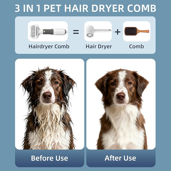 Dog Grooming Dryer with Slicker Brush, 3 in 1 Professional Portable Pet Dryer for Dogs Cats Adjustable Temperature Speed Settings, Pet Blow Brush for Home Travel Use (Gray)
