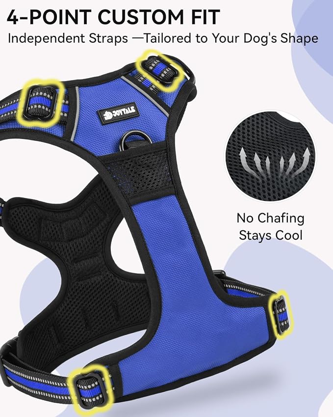 Joytale No Pull Dog Harness & Seat Belt, Easy On 3-Buckle, L, Navy Blue | Front Clip Reduces Pulling, Escape-Resistant Design, Adjustable Fit, Soft Padding for Comfort, Secure Tether for Safer Travel