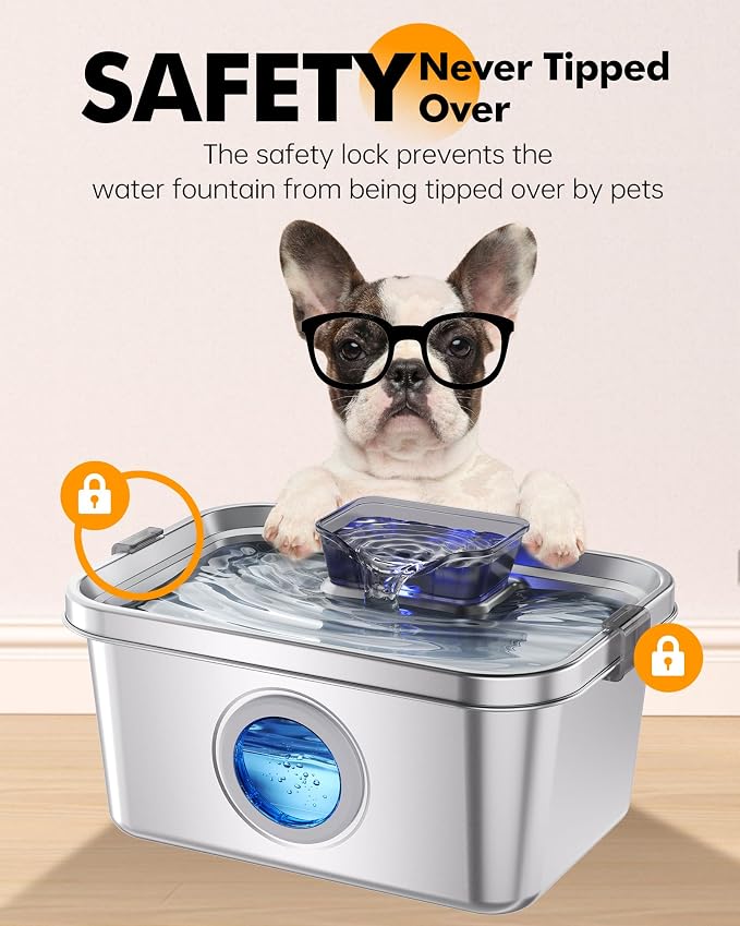 PETIMI Dog Water Fountain, 2 Gallon 304 Stainless Steel Large Pet Water Fountain for Dogs & Cats, Ultra Quiet Indoor Pet Fountain, Safety Lock, 3 Replacement Filters Included, Smart Pump Protection