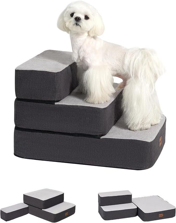 Garnpet 3-Step Adjustable Dog Stairs for Sofa and Couch, Dog Steps for Small Dogs and Cats, Foldable Pet Stairs for Low Bed Climbing, Non-Slip Pet Step Indoor, Grey