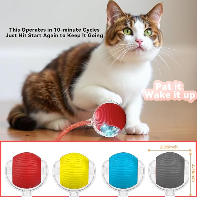 Speedy 2.0 Tail 2 Packs Interactive Cat Toys for Indoor Cats, Automatic Cat Toy with Elastic Mesh Tail, Electric Rolling Ball on Carpet, Chirping and Motion Activate Cat