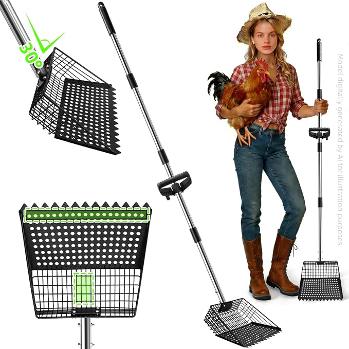 Chicken Poop Scooper & Rake 2-in-1, Heavy Duty Metal Pooper Scooper for Chicken Coop Cleaning, Adjustable Long Handle up to 61", 30° Ergonomic Manure Scoop for Sand Sifter, Bedding
