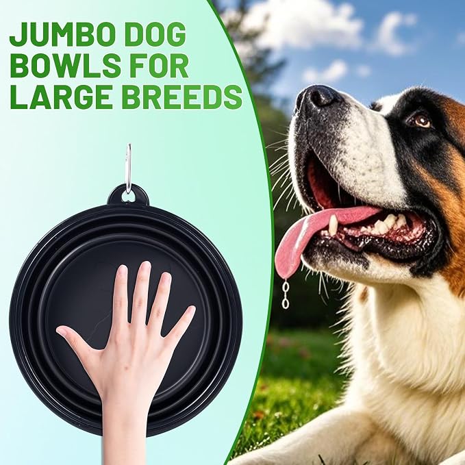 Extra Large Dog Bowl Collapsible, 2 Pack, with Carabiners, Jumbo, Black+Black