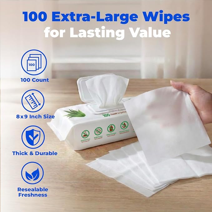 Best Pet Supplies 8" x 9" Large Unscented Dog Wipes - Cleaning and Deodorizing for Paws and Coat - Gentle Formula with Aloe Vera Vitamin E for Puppies and Cats - 100 Count (Pack of 12)