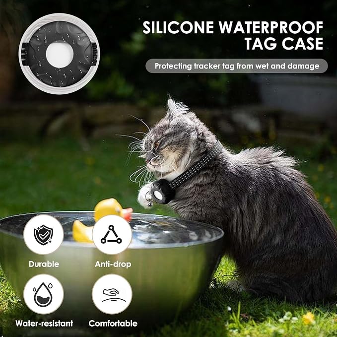 Cat GPS Tracker, Smart Cat Tracker Compatible with Apple Find My App (Only iOS), No Monthly Fee, Waterproof (White Tracker, Black Cat Collar)
