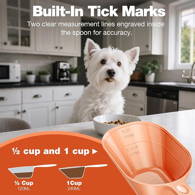 Dog Food Scoop 2 Pack, Pet Cup Capacity Cat Food Scooper With Measuring Lines For Dog, Puppy and Cat Coffee Bean, Flour Scoop Orange