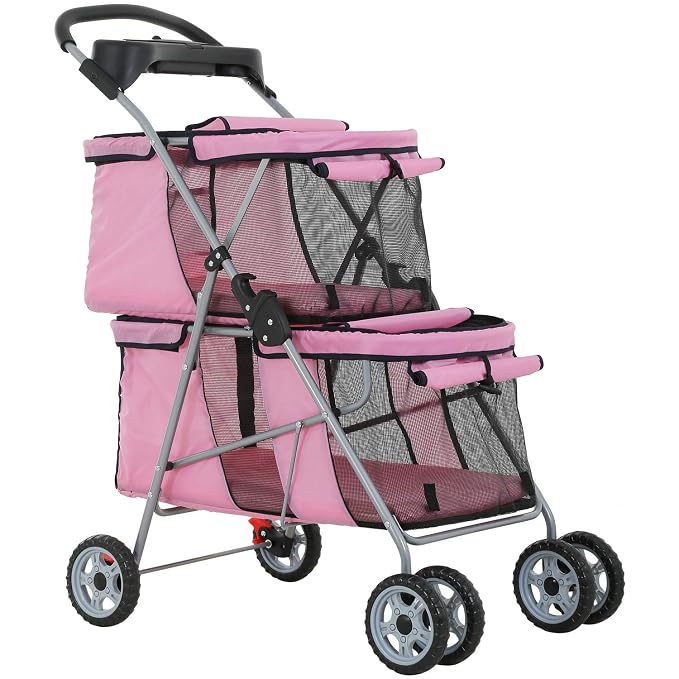4-Wheel Folding Pet Stroller Carrier - Pink