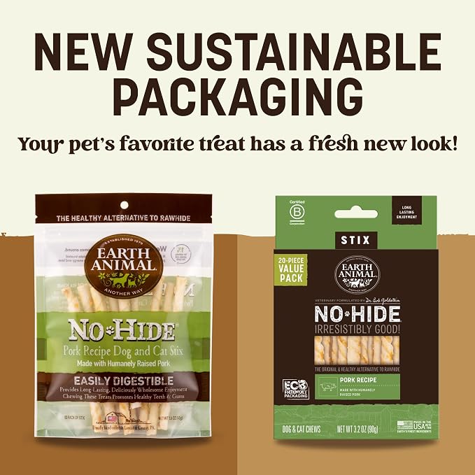 Earth Animal No Hide Stix - Long Lasting Rawhide Free Small Dog Chews Sticks, Pork - 20 Count Value Pack