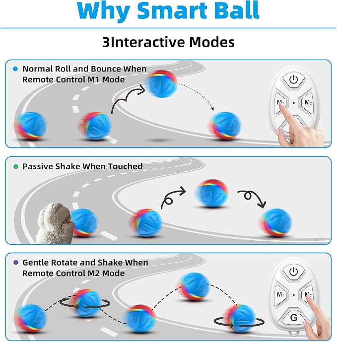 Casfuy Durable Motion Activated 2 Speed Interactive Ball Dog Toy with Remote & LED Light, Blue