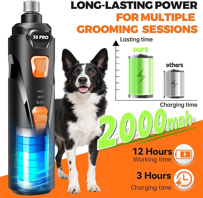 Whisper Quiet Dog Nail Grinder with 4 LED Lights, 3-Speed