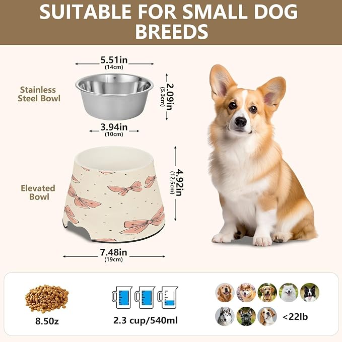 YETTASBIN Light Pink Bow Elevated Dog Bowls, Prevention of Vertebrae Disease Raised Dog & Cat Bowl Stand with Removable Stainless Steel Bowls, Non-Slip Spill-Proof Pet Food & Water Bowl Dish