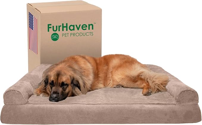Furhaven Orthopedic Plush &amp; Suede Sofa Dog Bed - Jumbo Plus/XXL (up to 125 lbs), Almondine
